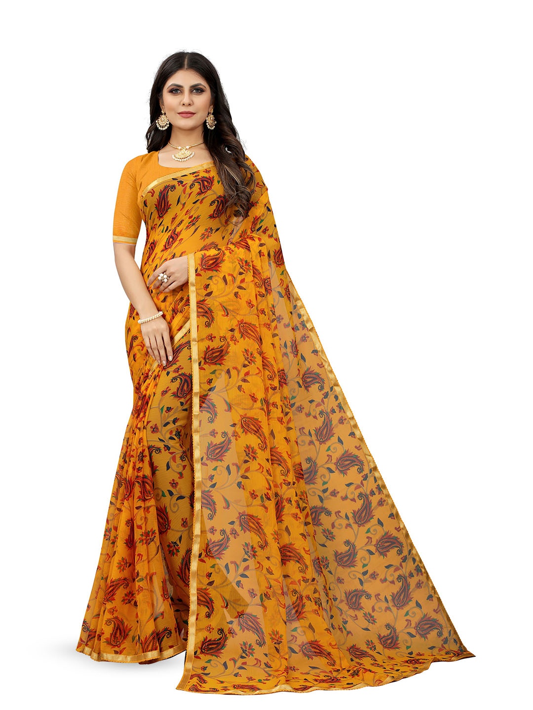 

V3 FASHION STUDIO Paisley Printed Zari Pure Chiffon Saree, Yellow