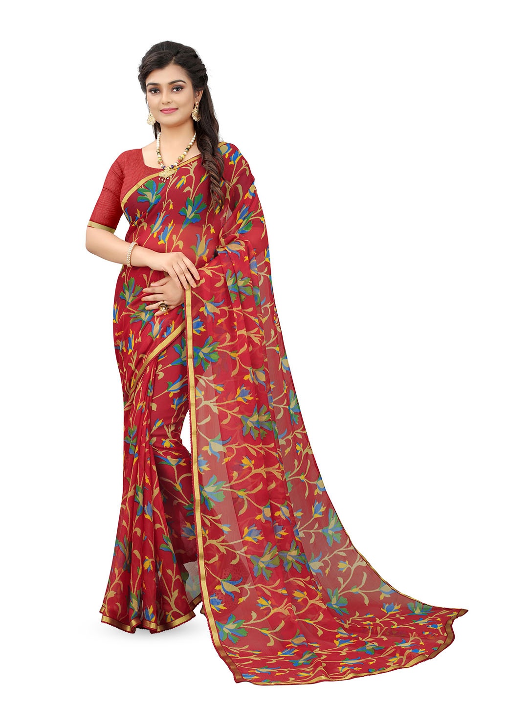 

V3 FASHION STUDIO Floral Printed Zari Pure Chiffon Jamdani Saree, Red