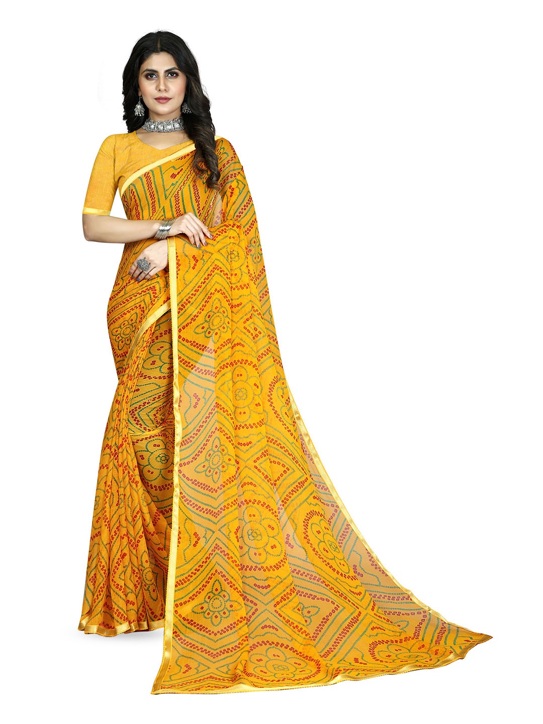 

V3 FASHION STUDIO Bandhani Pure Chiffon Jamdani Saree, Yellow