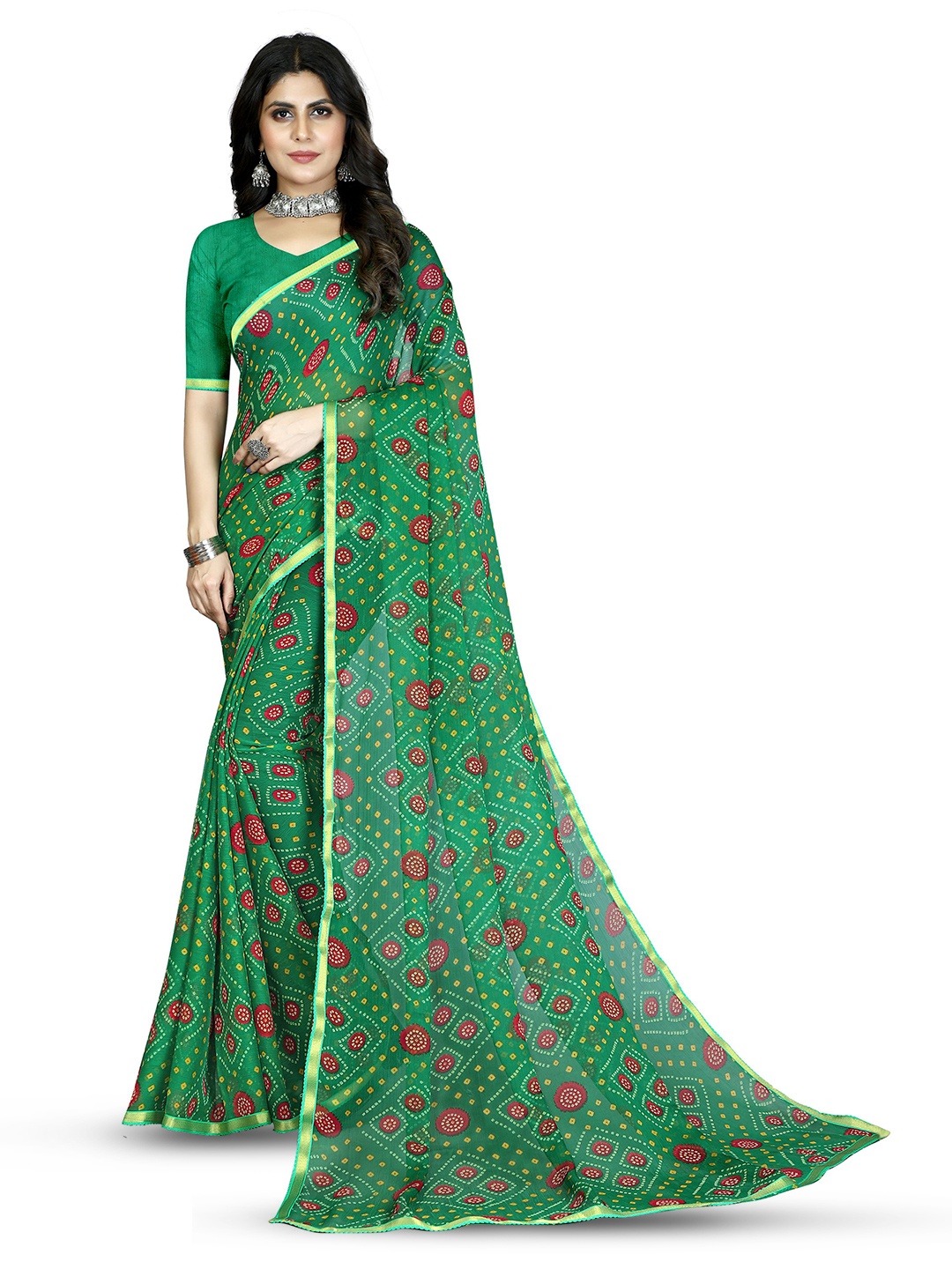 

V3 FASHION STUDIO Bandhani Pure Chiffon Jamdani Saree, Green