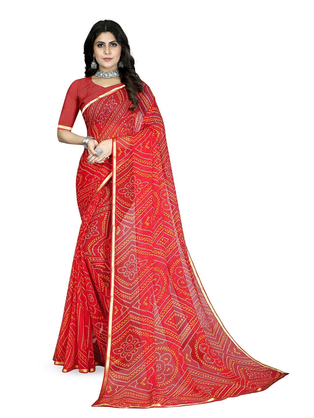 

V3 FASHION STUDIO Bandhani Printed Zari Pure Chiffon Saree, Red