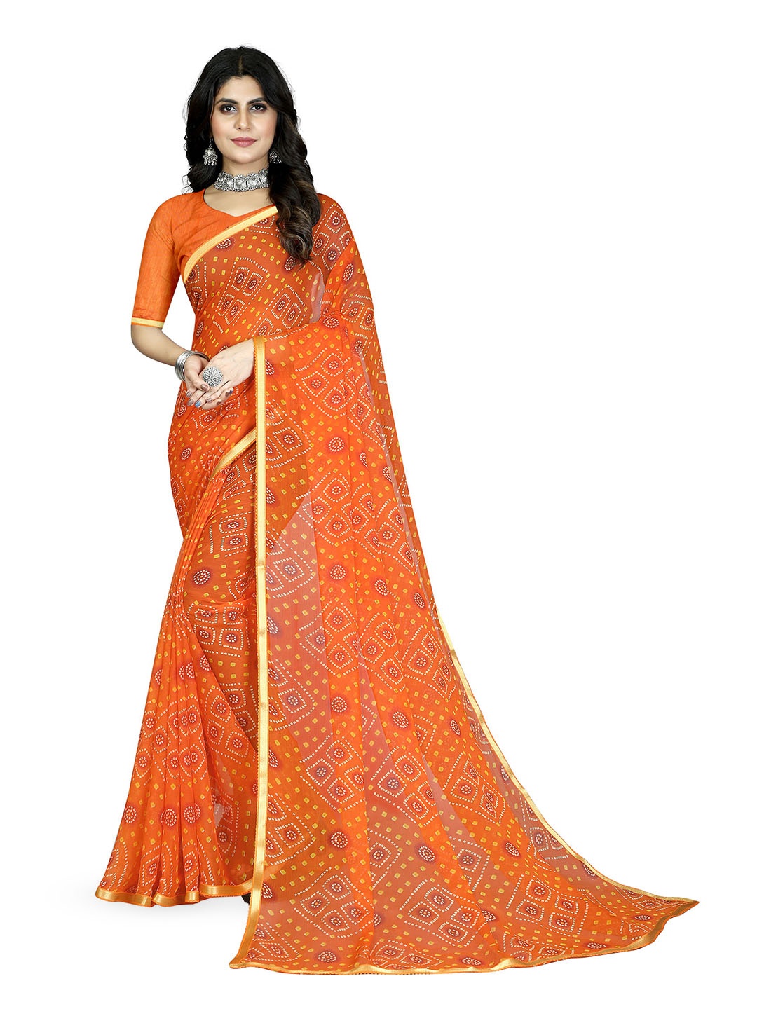 

V3 FASHION STUDIO Bandhani Pure Chiffon Jamdani Saree, Orange