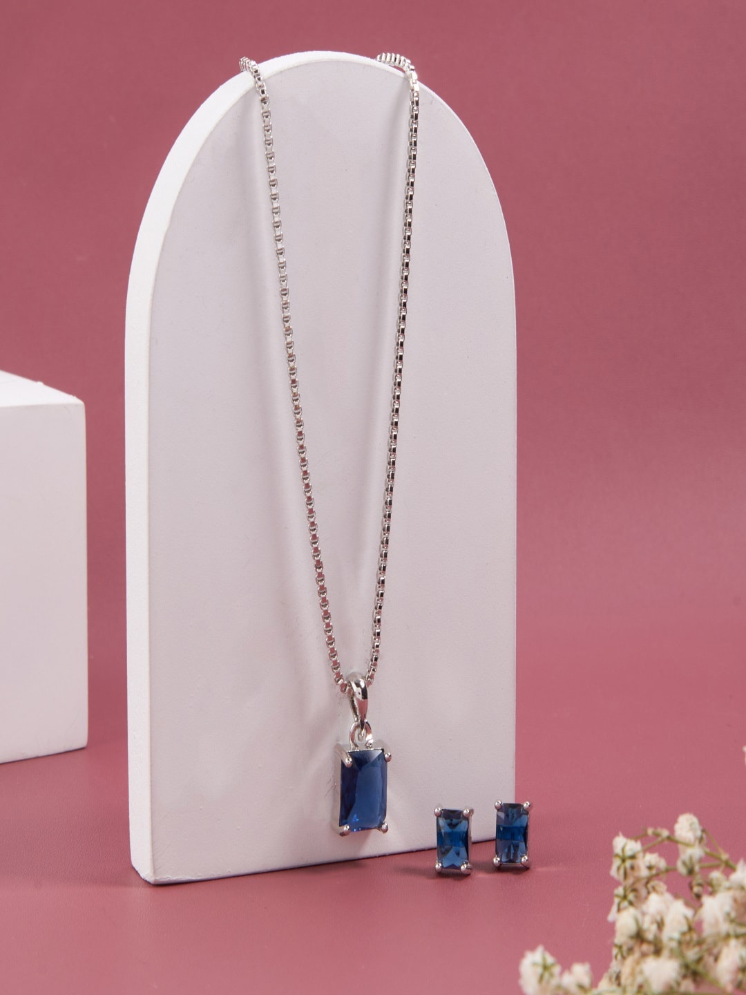 

SATJEWEL Silver-Plated Pendant with Chain & Earrings, Blue