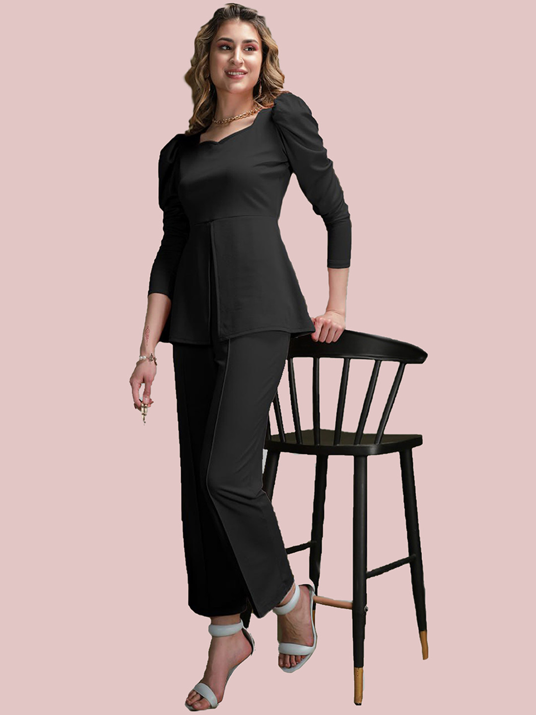

N N ENTERPRISE Sweetheart Neck Top & Trousers Co-Ord, Black