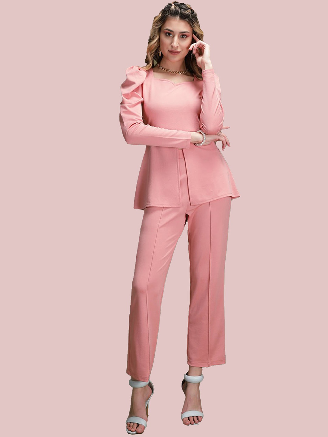 

N N ENTERPRISE Sweetheart Neck Top With Trousers Co-Ords, Peach