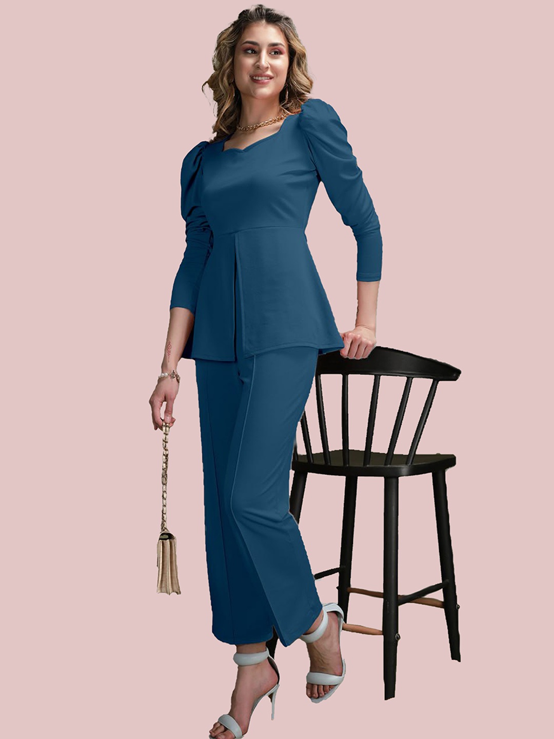 

N N ENTERPRISE Sweetheart Neck Top With Trouser Co-Ords, Teal