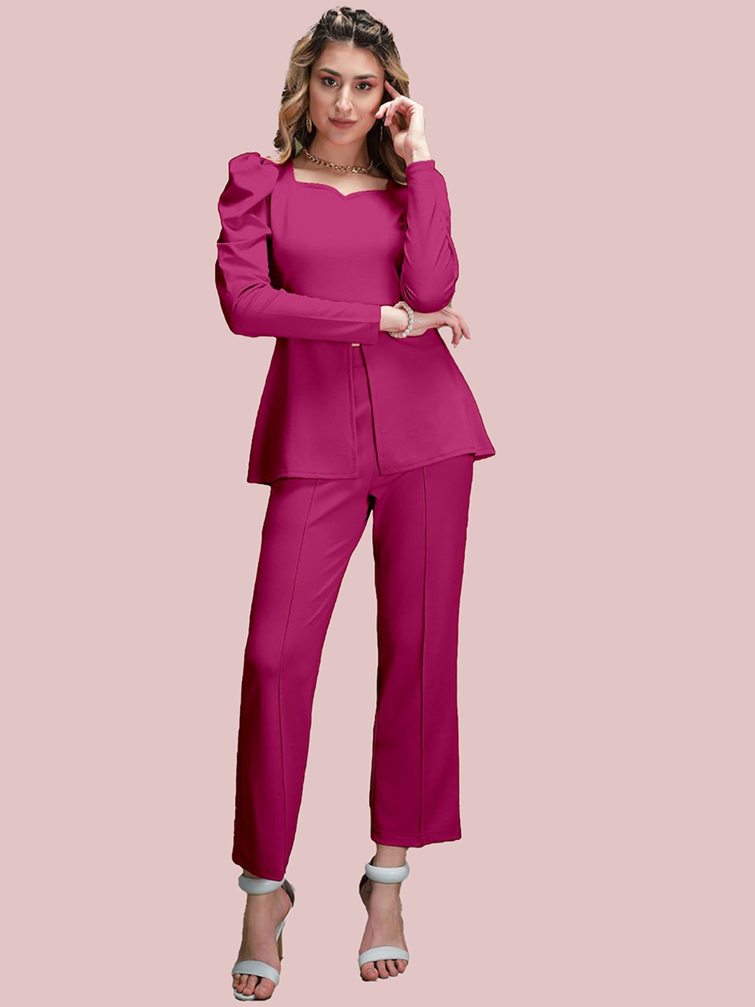 

N N ENTERPRISE Sweetheart Neck Top & Trouser Co-Ord Set, Pink