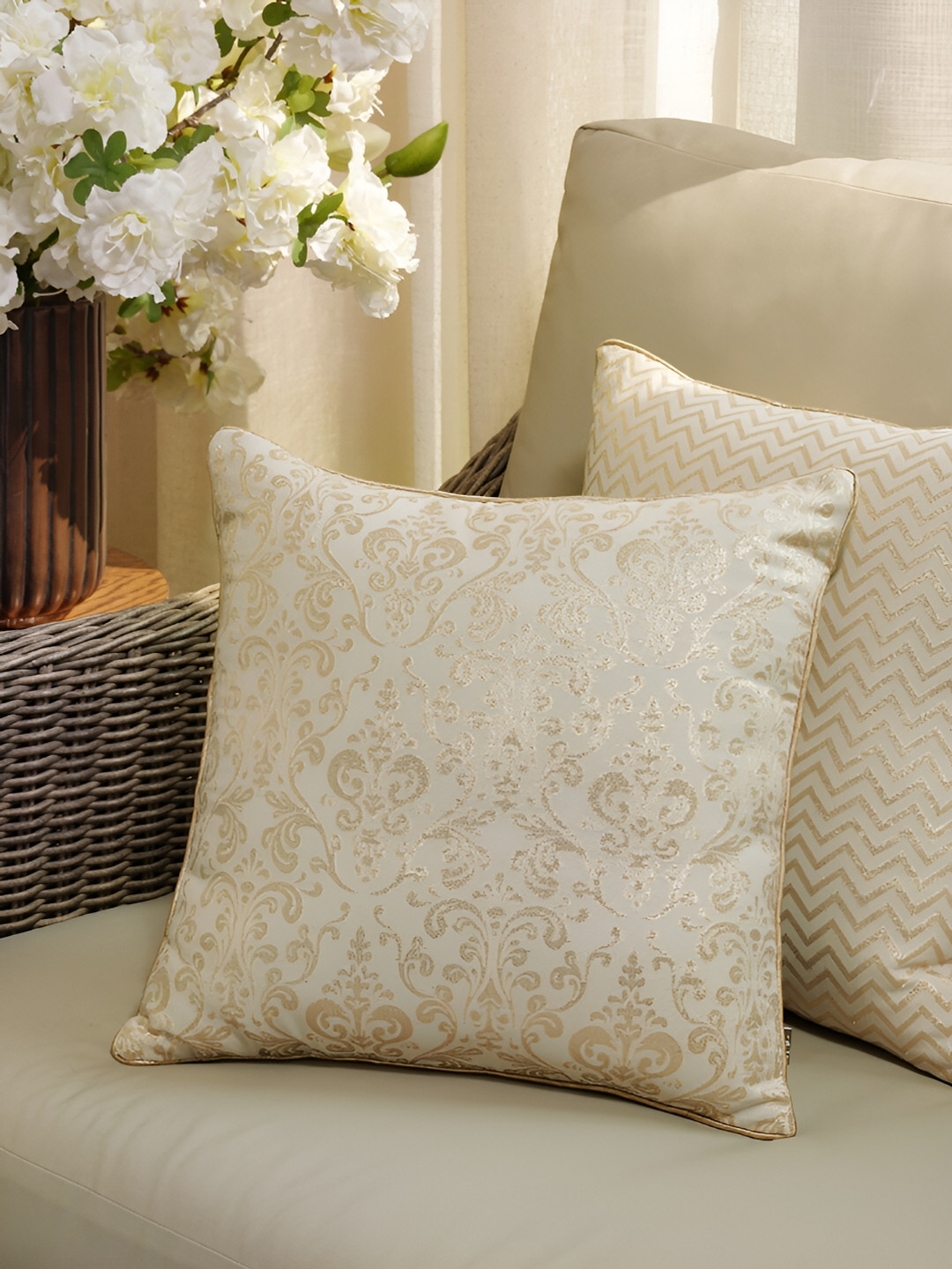 

Pure Home and Living White & Gold-Toned Ethnic Motifs Embroidered Square Cushion Covers