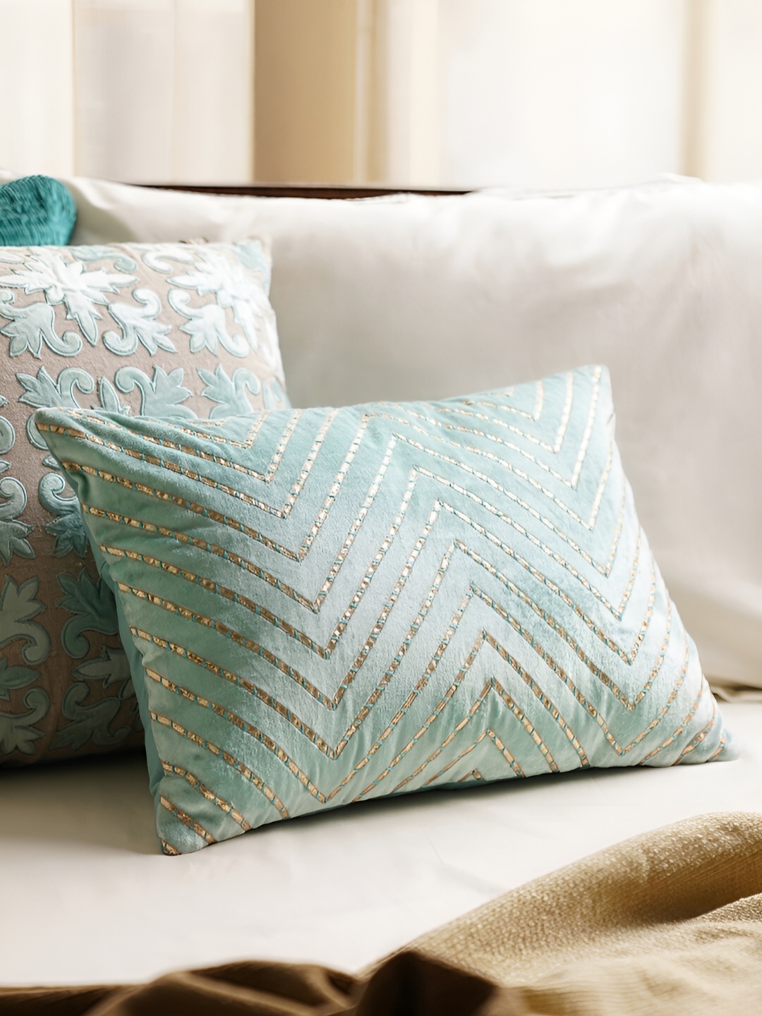 

Pure Home and Living Blue Gotta Patti Embroidered Velvet Rectangle Cushion Cover