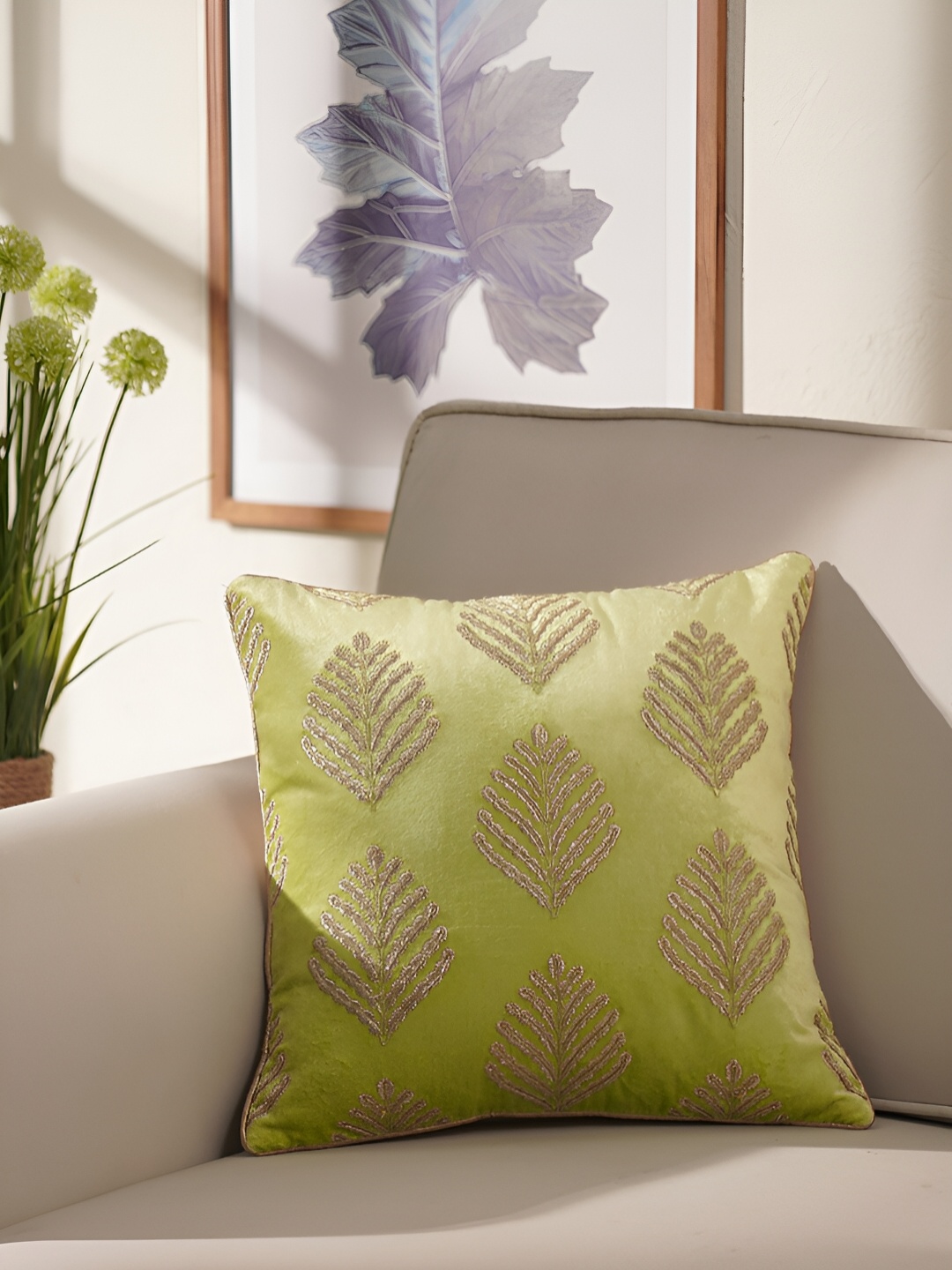 

Pure Home and Living Green & Gold-Toned Floral Embroidered Cotton Square Cushion Covers