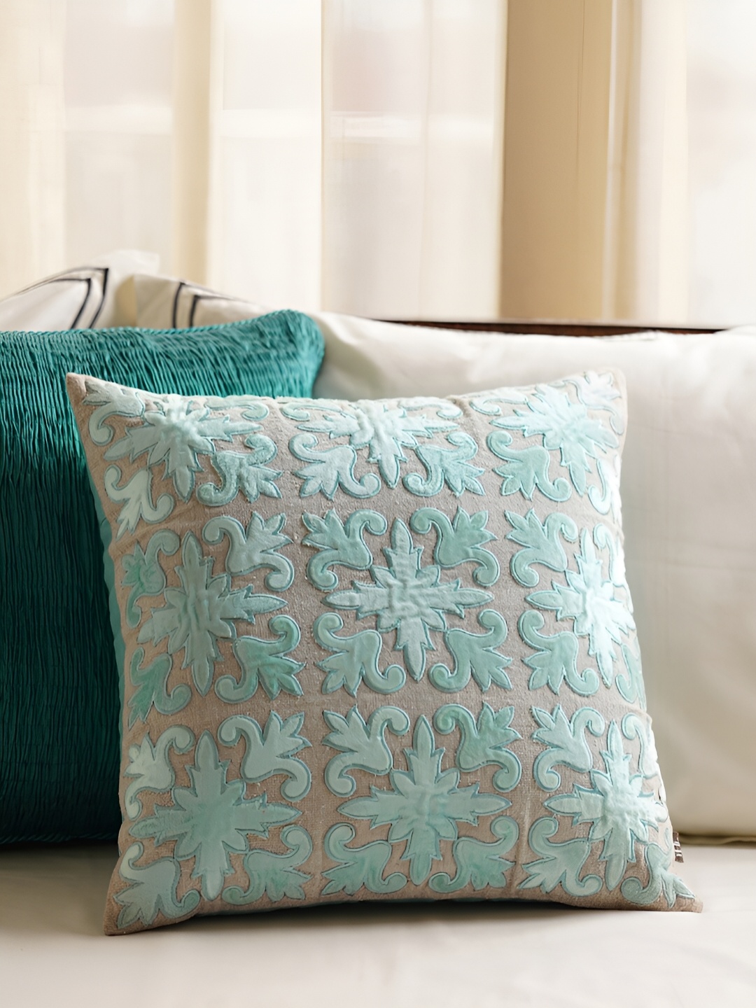 

Pure Home and Living Blue & Beige Ethnic Motifs Velvet Square Cushion Covers