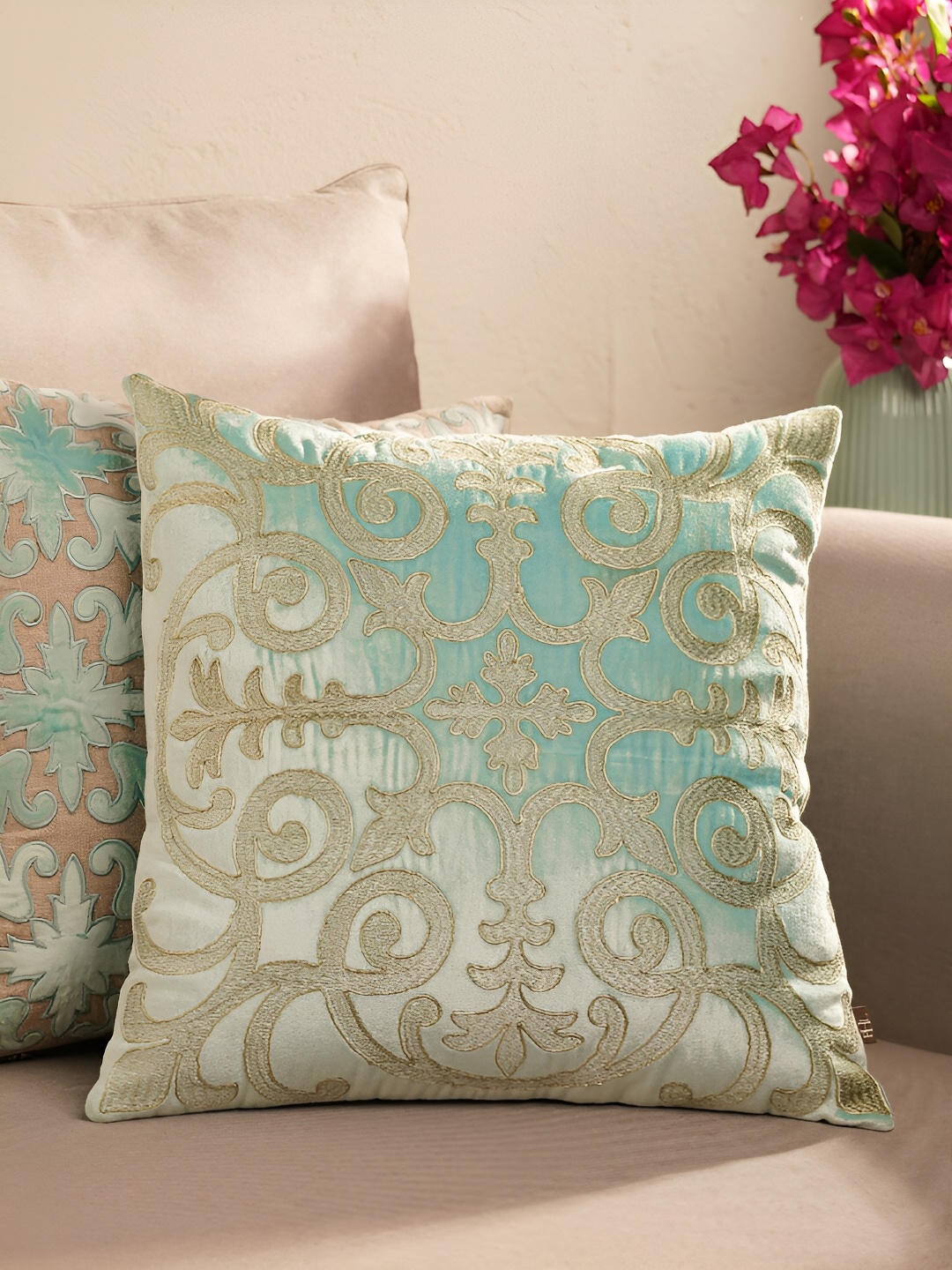 

Pure Home and Living Blue & Gold-Toned Embroidered Velvet Square Cushion Covers