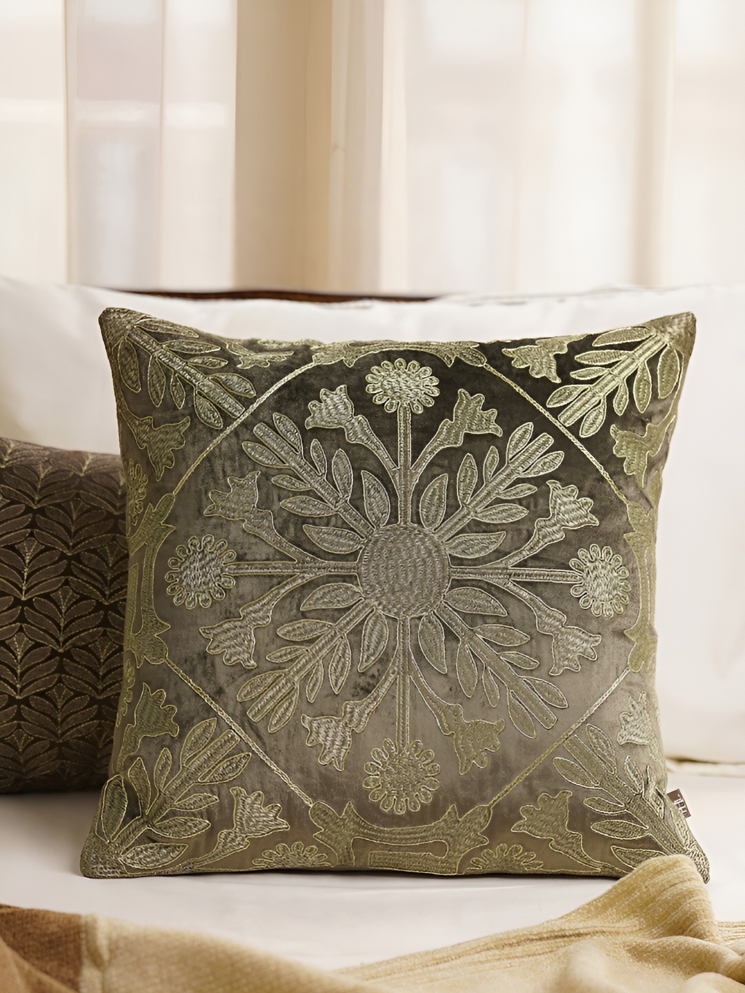 

Pure Home and Living Brown Ethnic Motifs Embroidered Velvet Square Cushion Covers