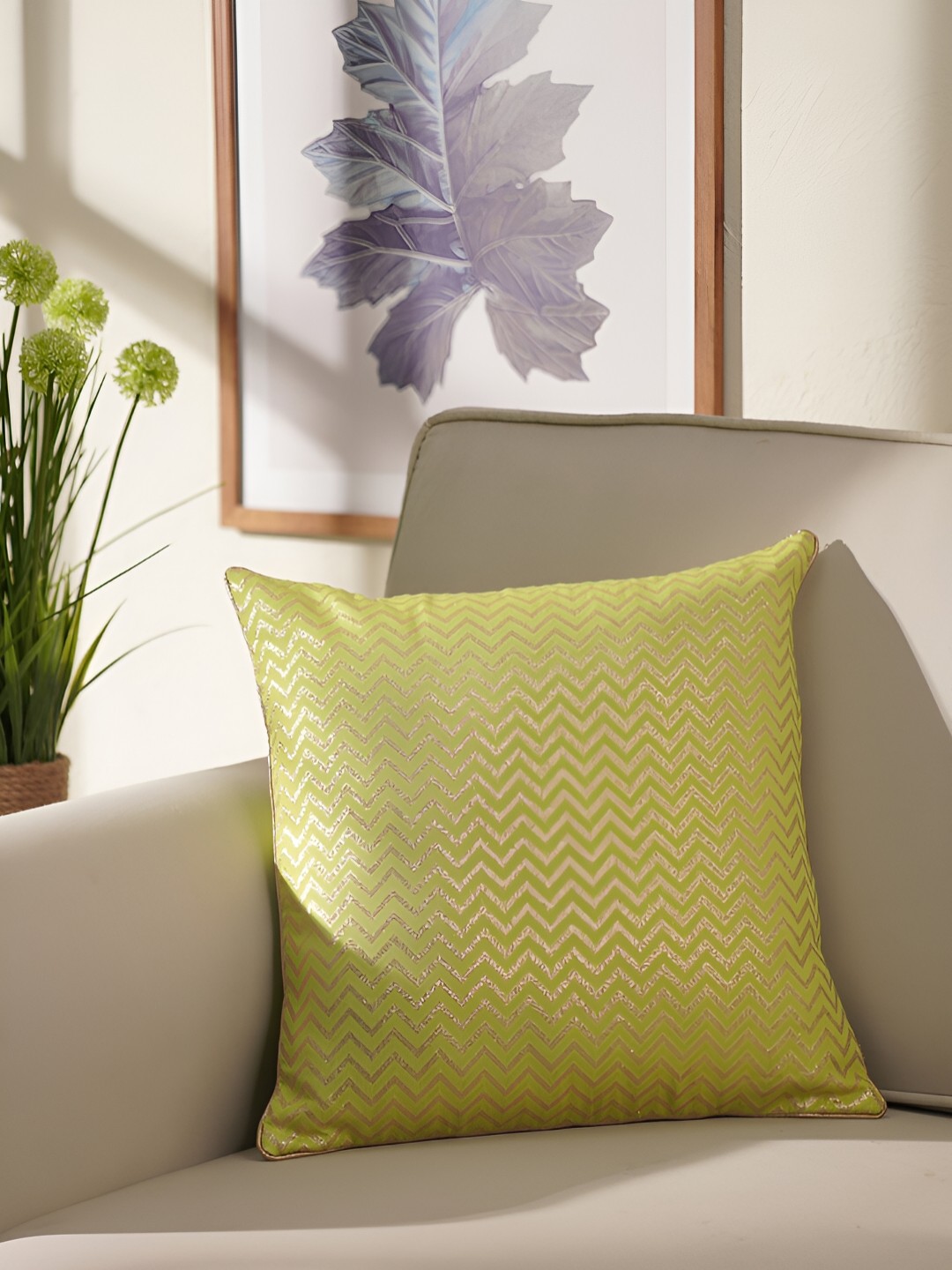 

Pure Home and Living Green & Gold-Toned Geometric Square Cushion Covers