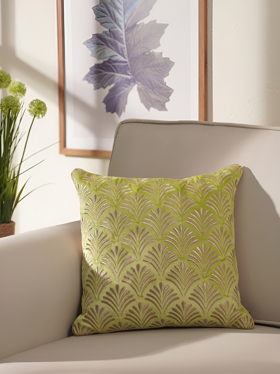

Pure Home and Living Green & Gold-Toned Embroidered Cotton Square Cushion Covers