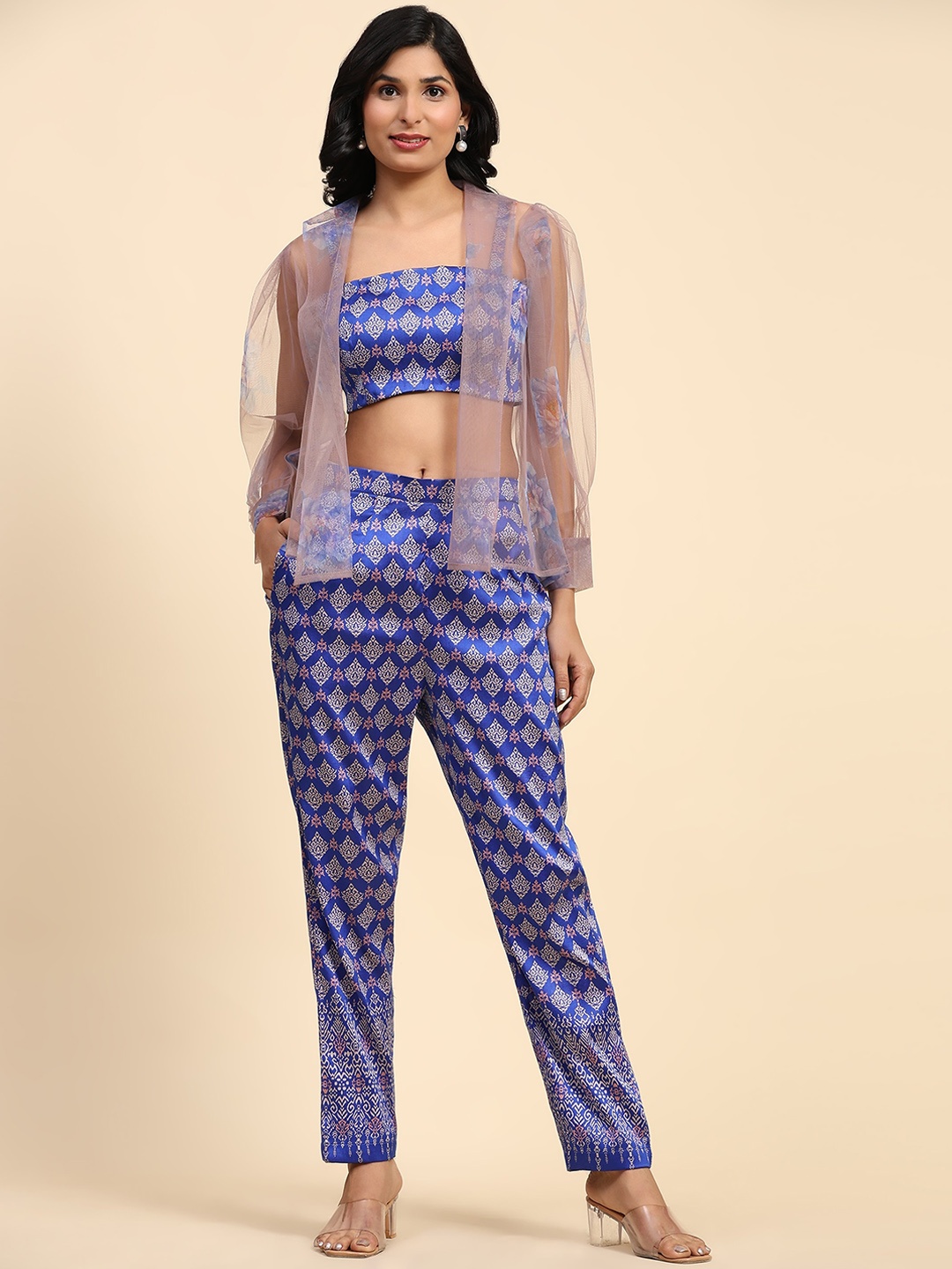

RACHNA Ethnic Motifs Printed Top With Shawl Collar Shrug & Trouser, Blue