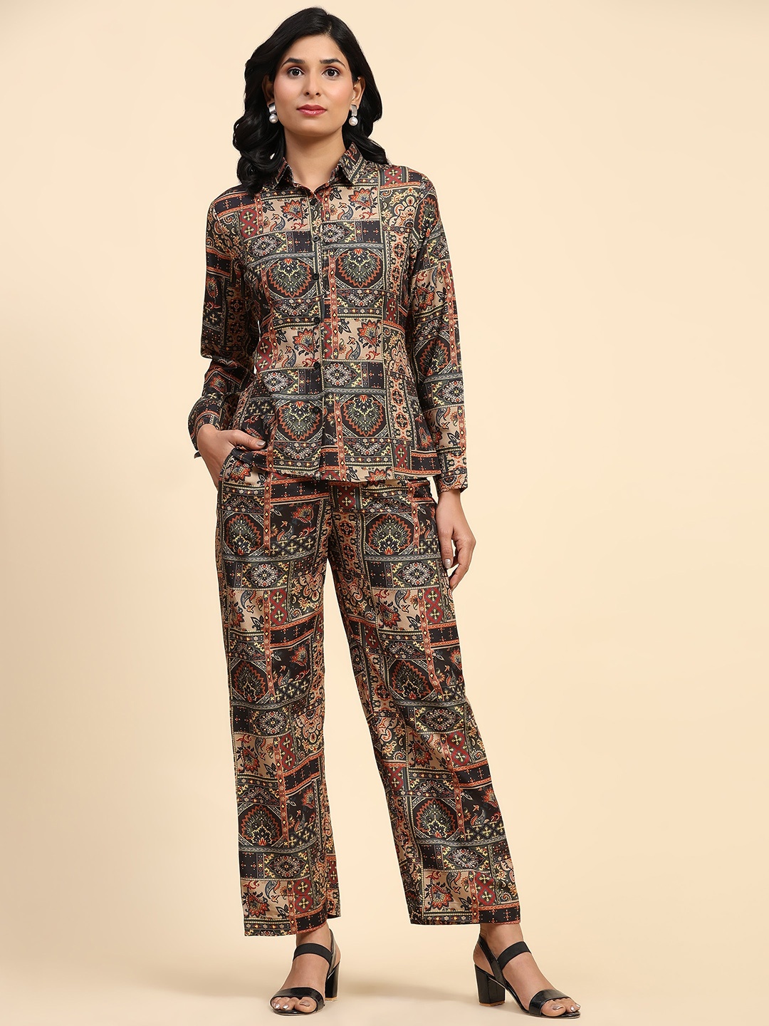 RACHNA Ethnic Motifs Printed Crop Top With Shirt & Trouser, Black - buy ...