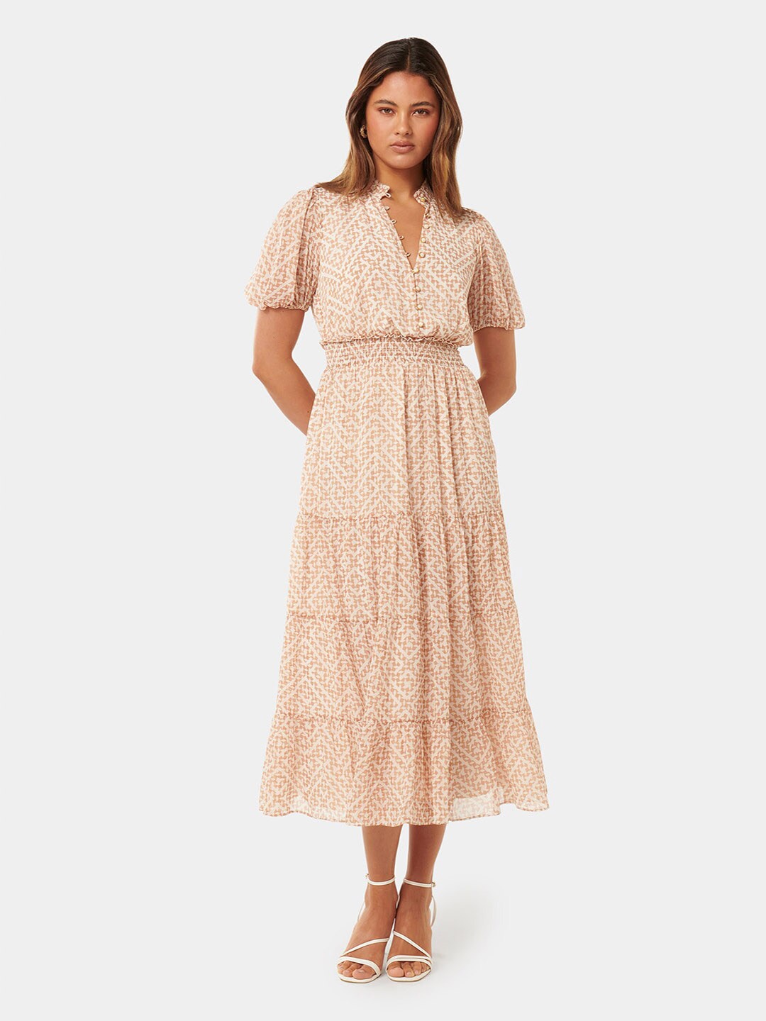 

Forever New Print Flared Sleeve Fit & Flare Midi Dress, Beige