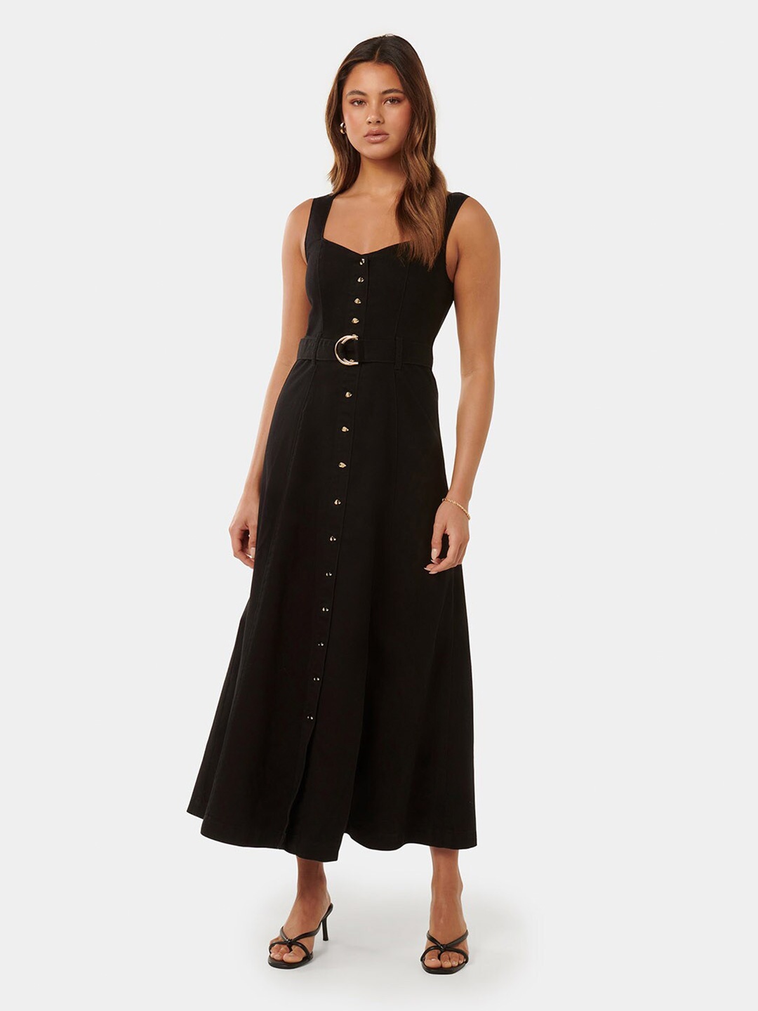 

Forever New Shoulder Straps 2 Pieces Flared Cotton Maxi Dress, Black
