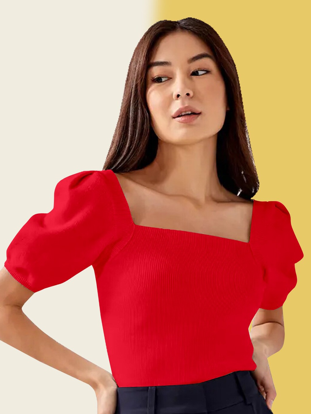 

BerryBird Square Neck Puff Sleeve Top, Red