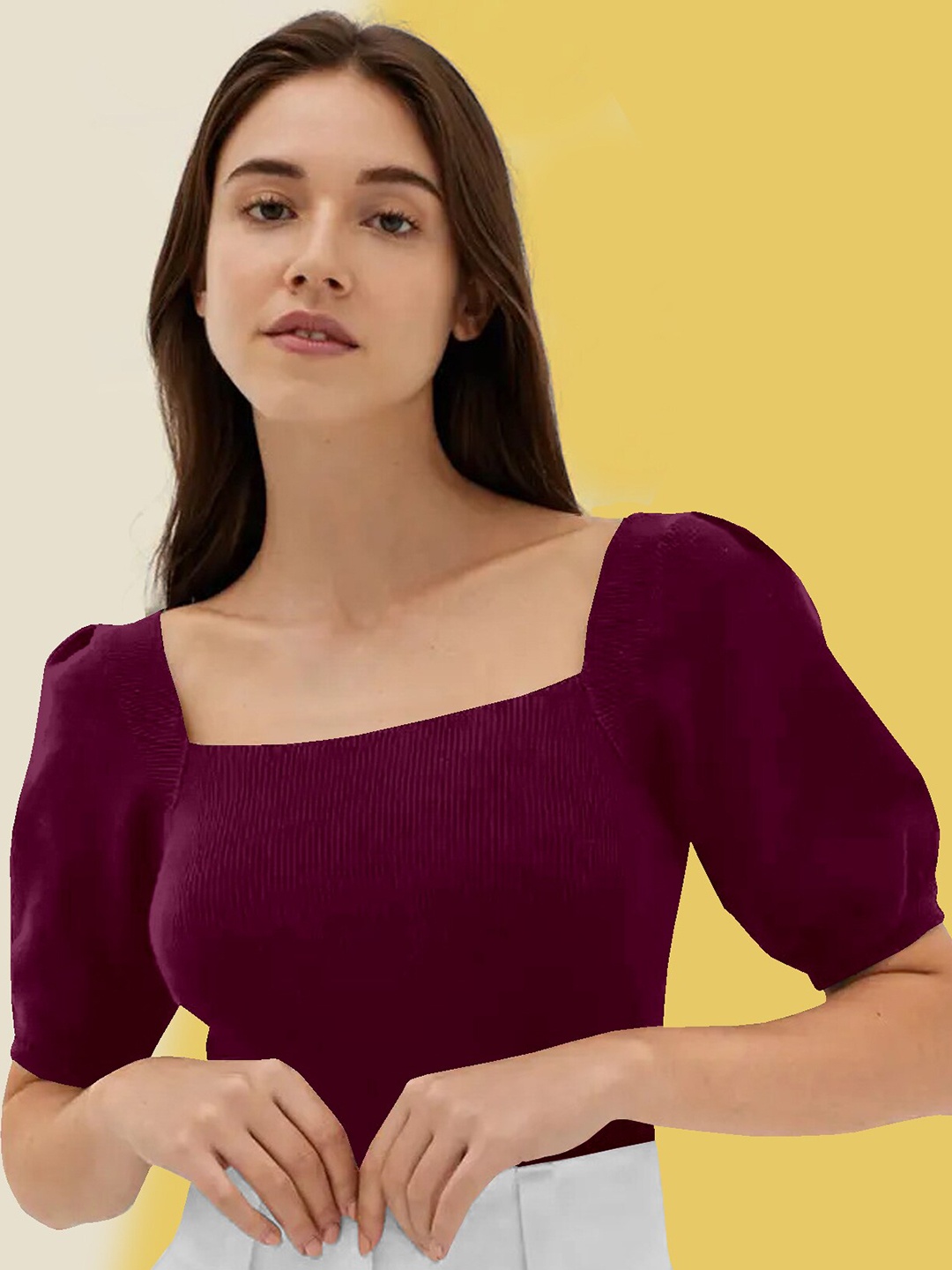 

BerryBird Square Neck Puff Sleeve Colourblocked Top, Purple