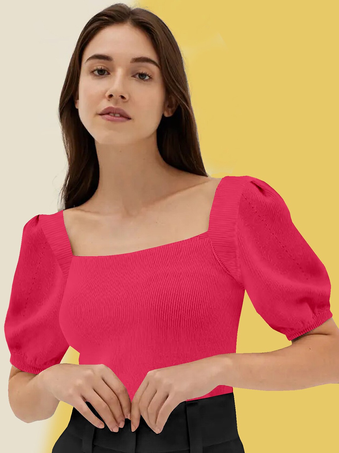 

BerryBird Square Neck Puff Sleeve Knitted Top, Pink