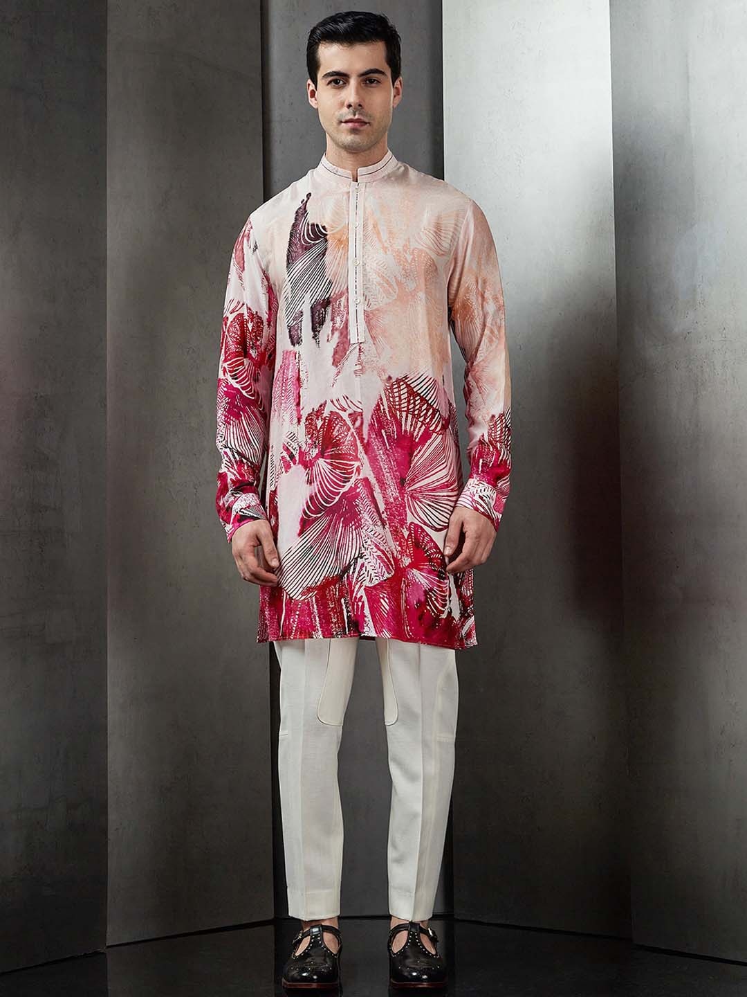 

Rohit Gandhi + Rahul Khanna Floral Printed Mandarin Collar Long Sleeves Kurta, Pink