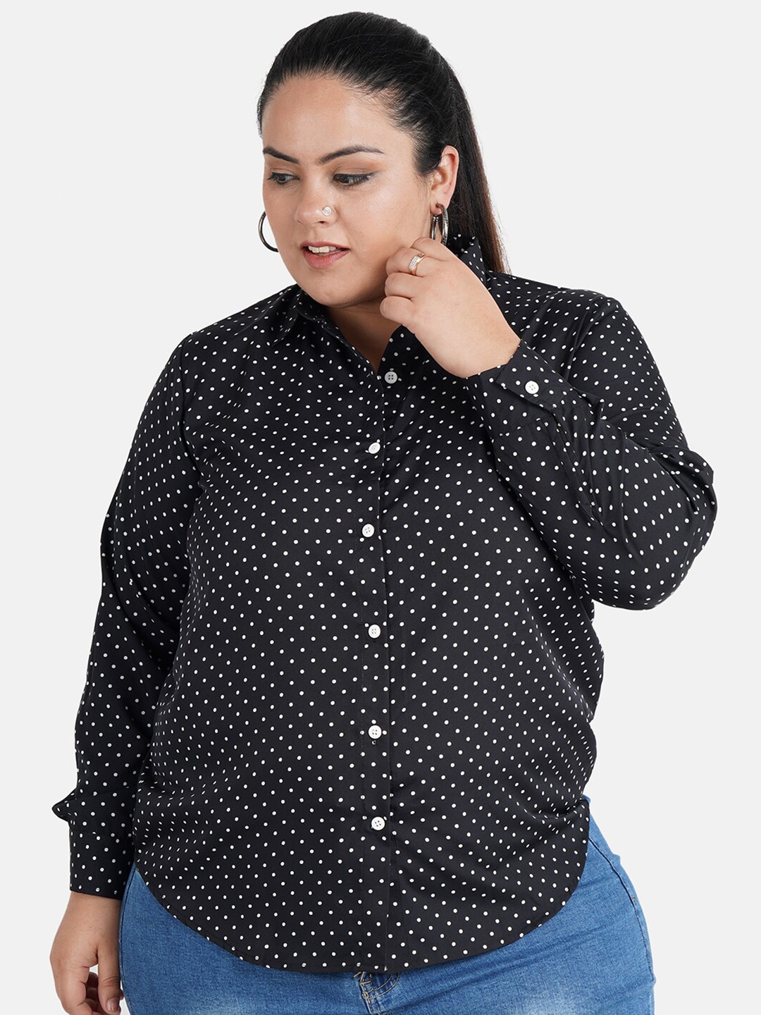 

Indietoga Plus Size Polka Dot Print Slim Fit Casual Shirt, Black