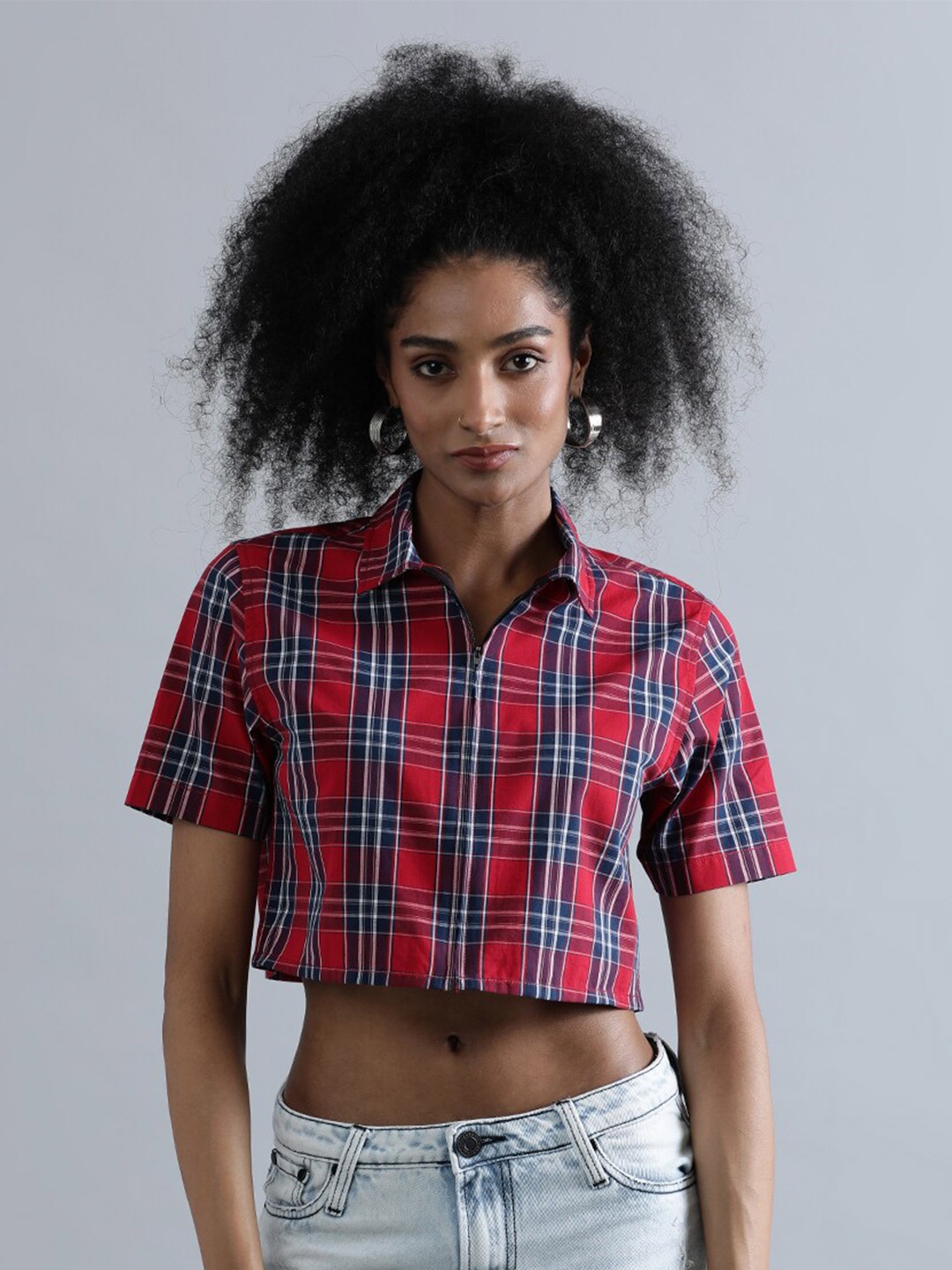 

Bene Kleed Women Crop Checked Shirt With Zip Closure, Red