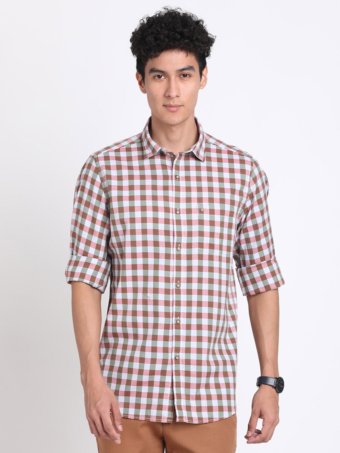 

Turtle Relaxed Slim Fit Gingham Checked Spread Collar Pure Cotton Casual Shirt, Pink