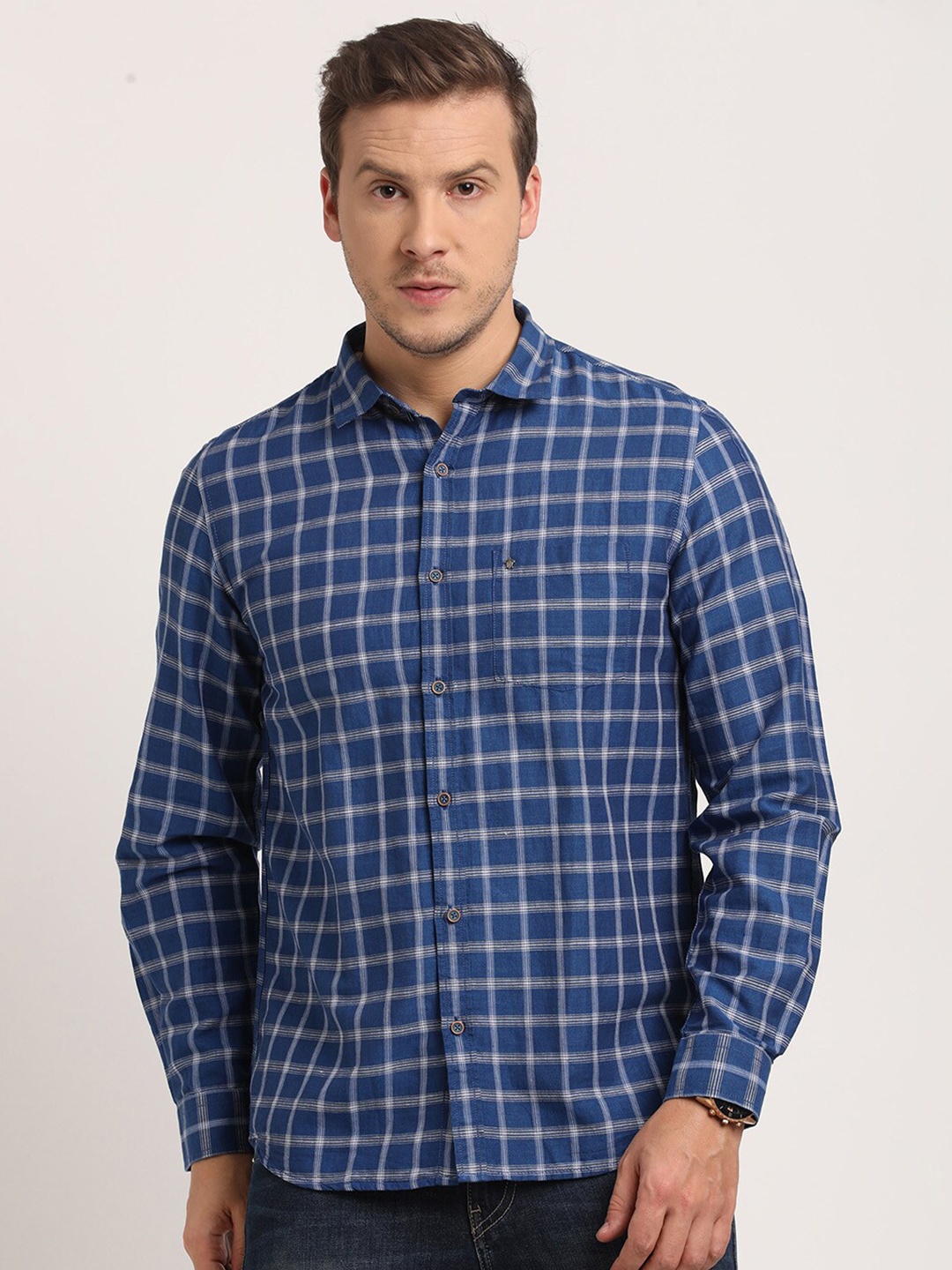 

Turtle Relaxed Slim Fit Checked Spread Collar Cotton Linen Casual Shirt, Blue