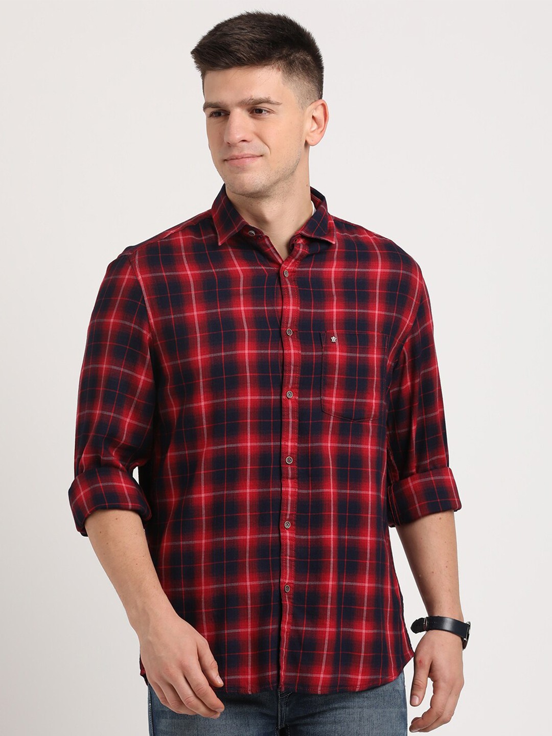 

Turtle Relaxed Slim Fit Tartan Checked Pure Cotton Casual Shirt, Red