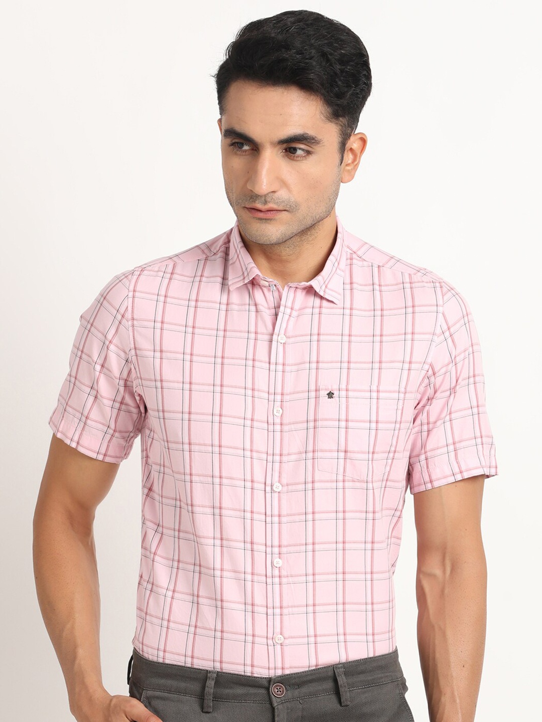 

Turtle Relaxed Slim Fit Windowpane Checked Spread Collar Cotton Casual Shirt, Pink