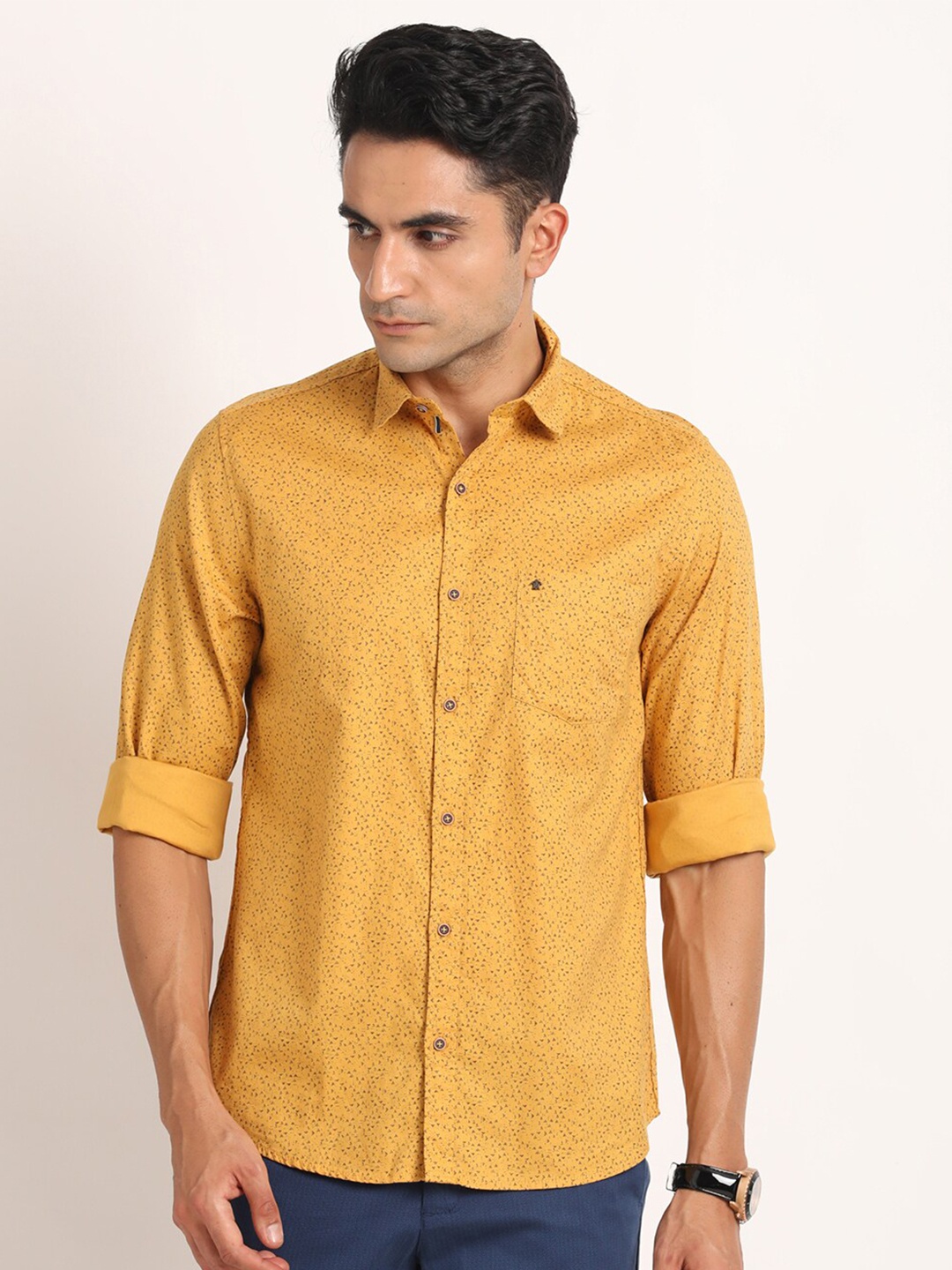 

Turtle Relaxed Slim Fit Micro Ditsy Printed Spread Collar Cotton Casual Shirt, Mustard