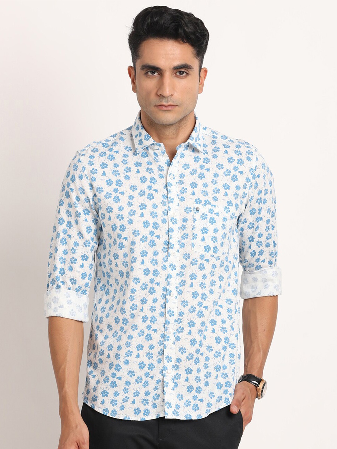 

Turtle Relaxed Slim Fit Floral Printed Linen Casual Shirt, Blue