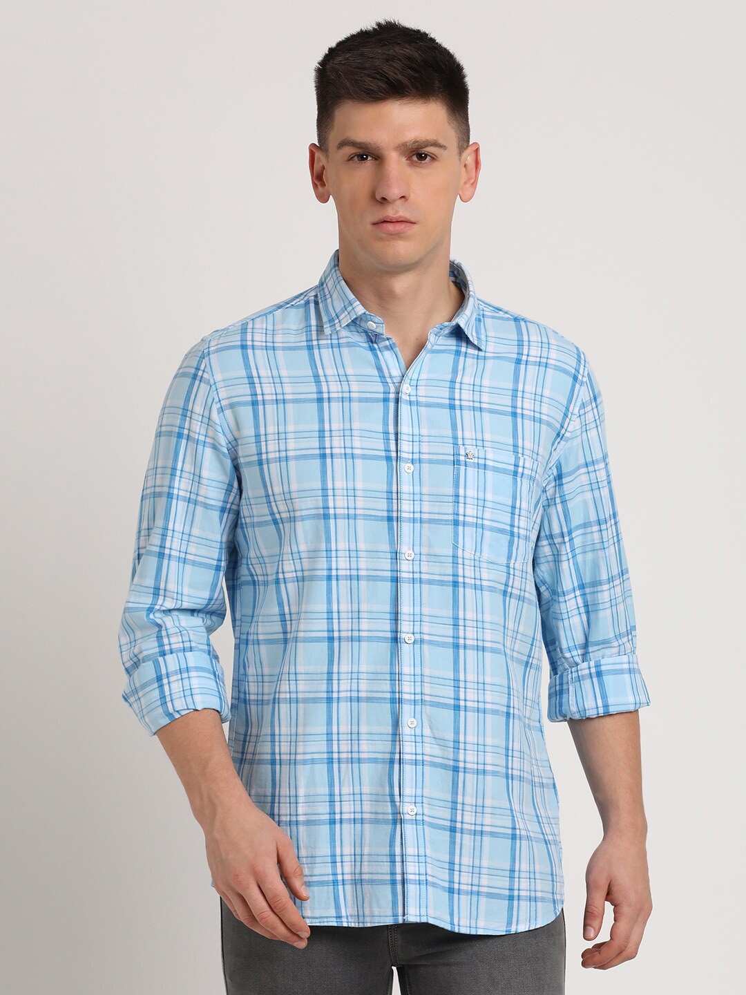 

Turtle Relaxed Slim Fit Tartan Checked Pure Cotton Casual Shirt, Blue