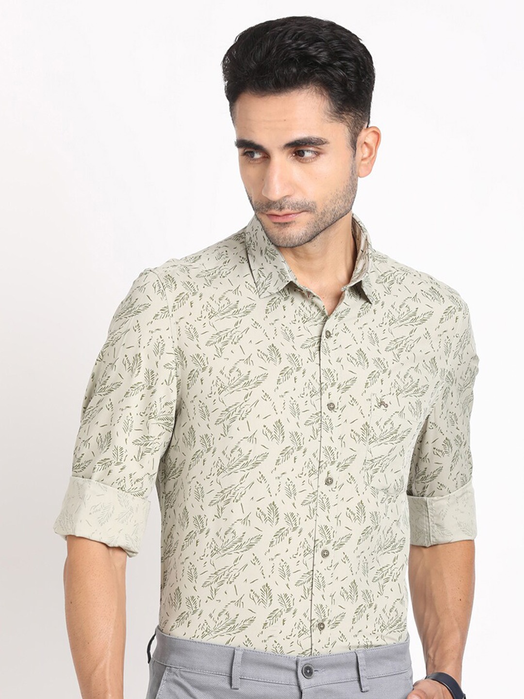 

Turtle Relaxed Slim Fit Floral Printed Spread Collar Cotton Casual Shirt, Grey