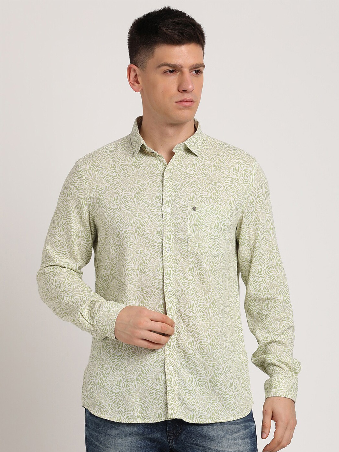 

Turtle Relaxed Slim Fit Floral Printed Linen Casual Shirt, Olive