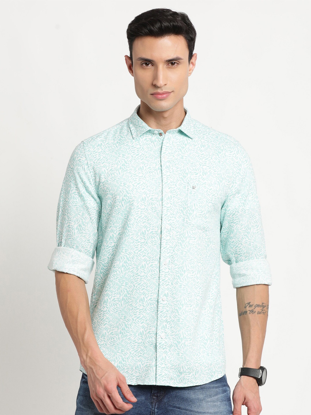 

Turtle Relaxed Slim Fit Floral Printed Spread Collar Linen Casual Shirt, Grey