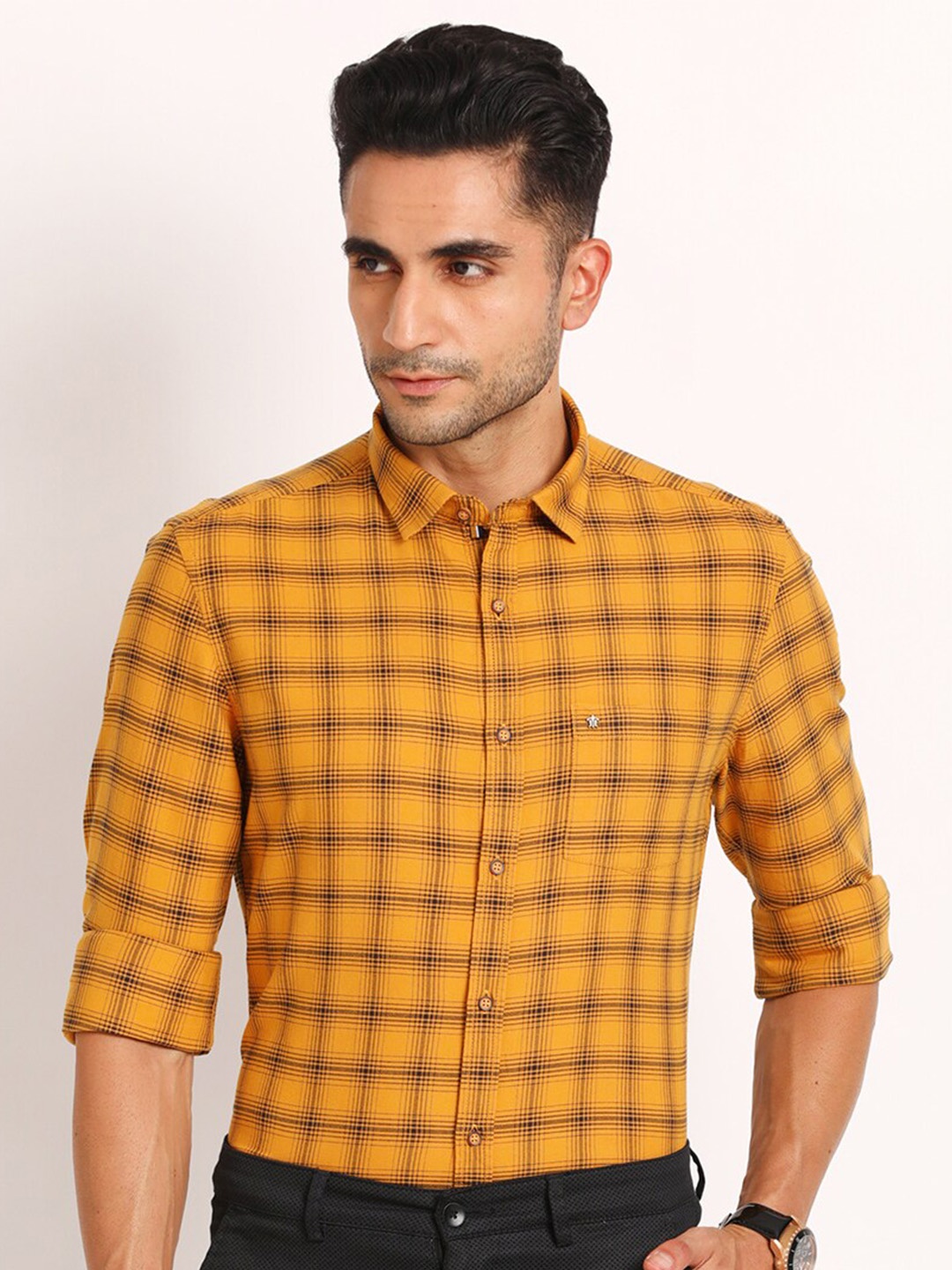 

Turtle Relaxed Slim Fit Windowpane Checked Spread Collar Pure Cotton Casual Shirt, Mustard