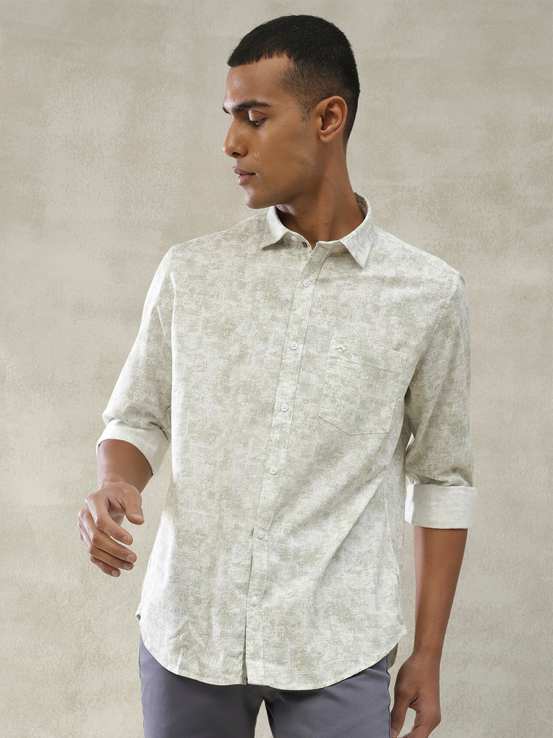 

Turtle Relaxed Slim Fit Abstract Printed Spread Collar Casual Shirt, Grey