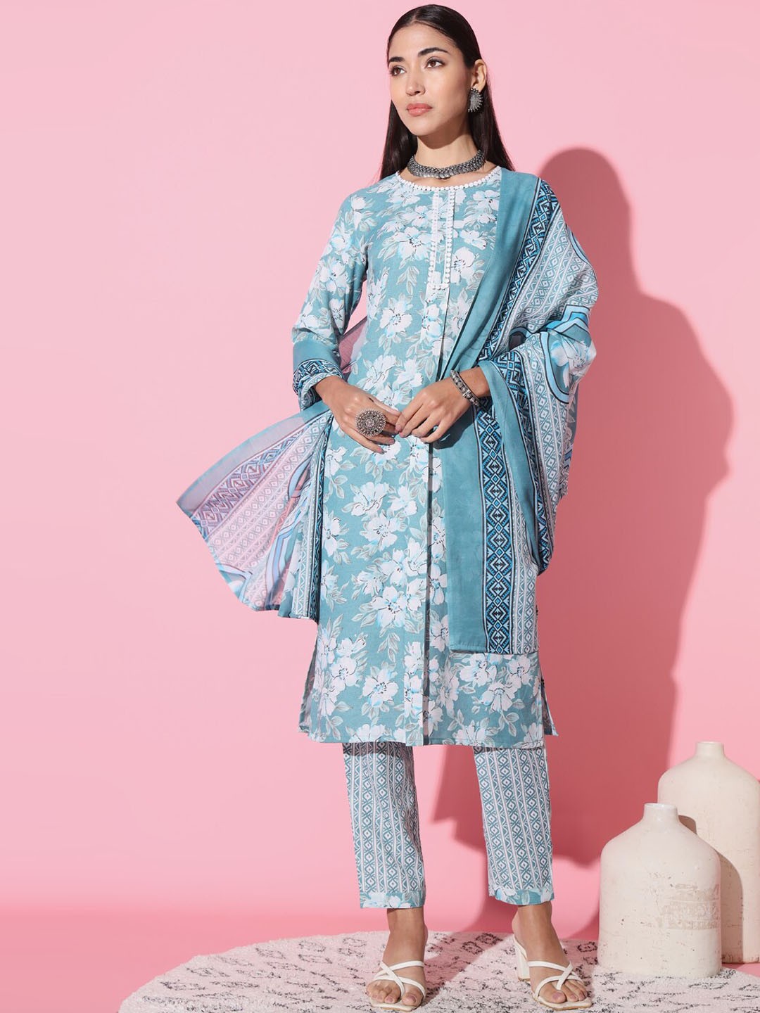 

J.KANJI Floral Printed Gotta Patti Pure Cotton Kurta With Trouser & Dupatta, Blue