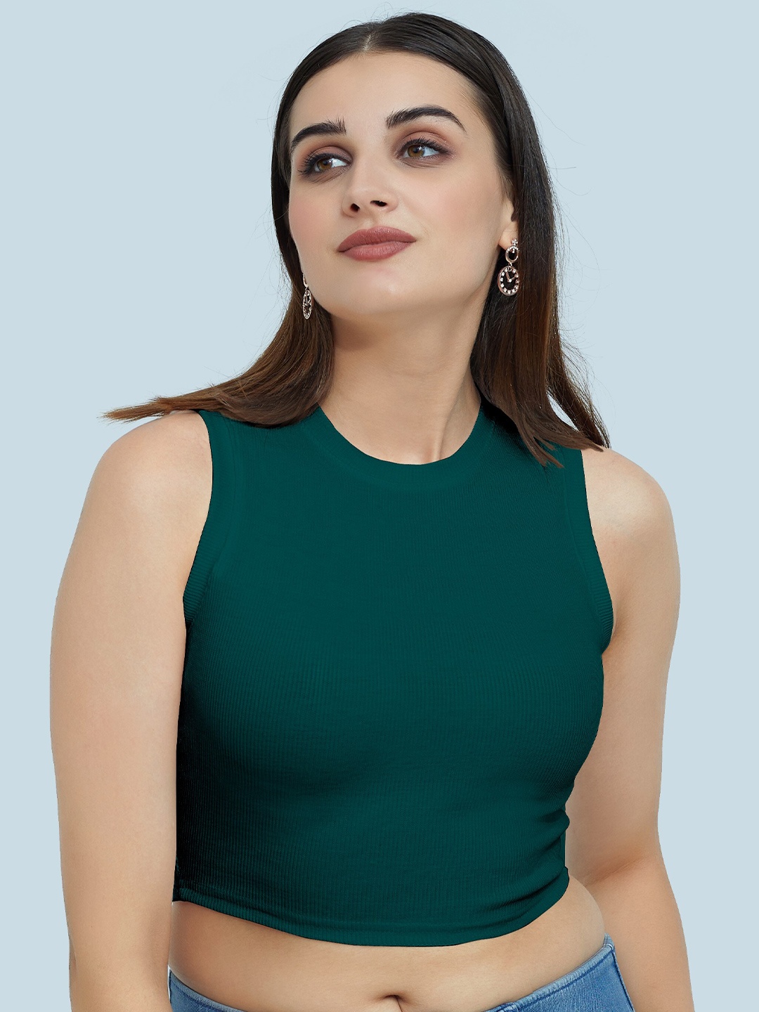 

BerryBird Round Neck Ribbed Sleeveless Crop Top, Teal