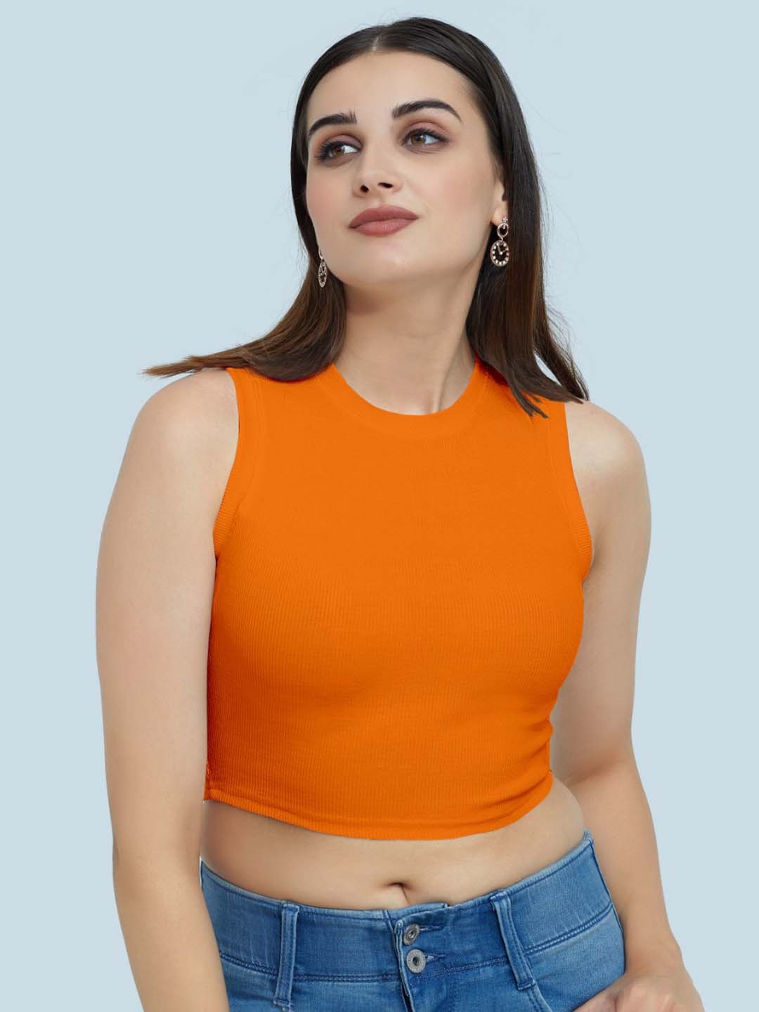 

BerryBird Round Neck Ribbed Sleeveless Crop Top, Orange