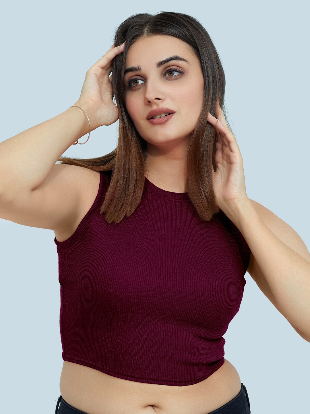 

BerryBird Round Neck Knitted Fitted Crop Top, Purple