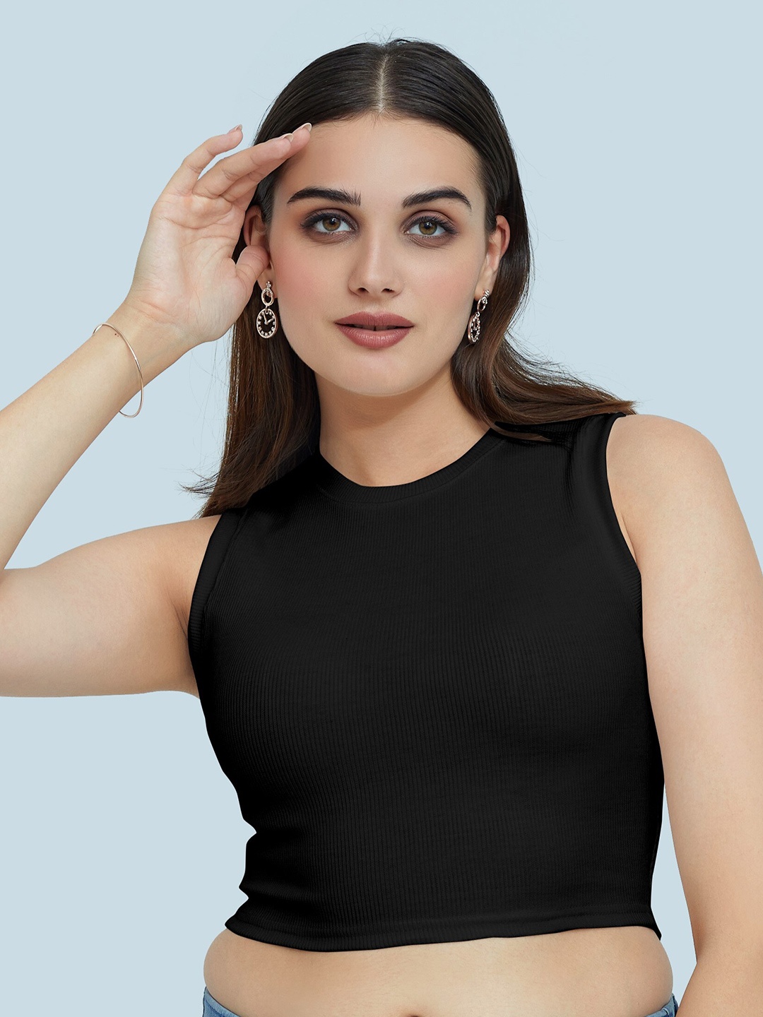 

BerryBird Round Neck Knitted Tank Crop Top, Black