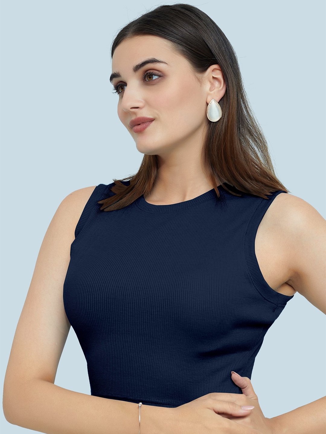 

BerryBird Round Neck Knitted Tank Crop Top, Navy blue