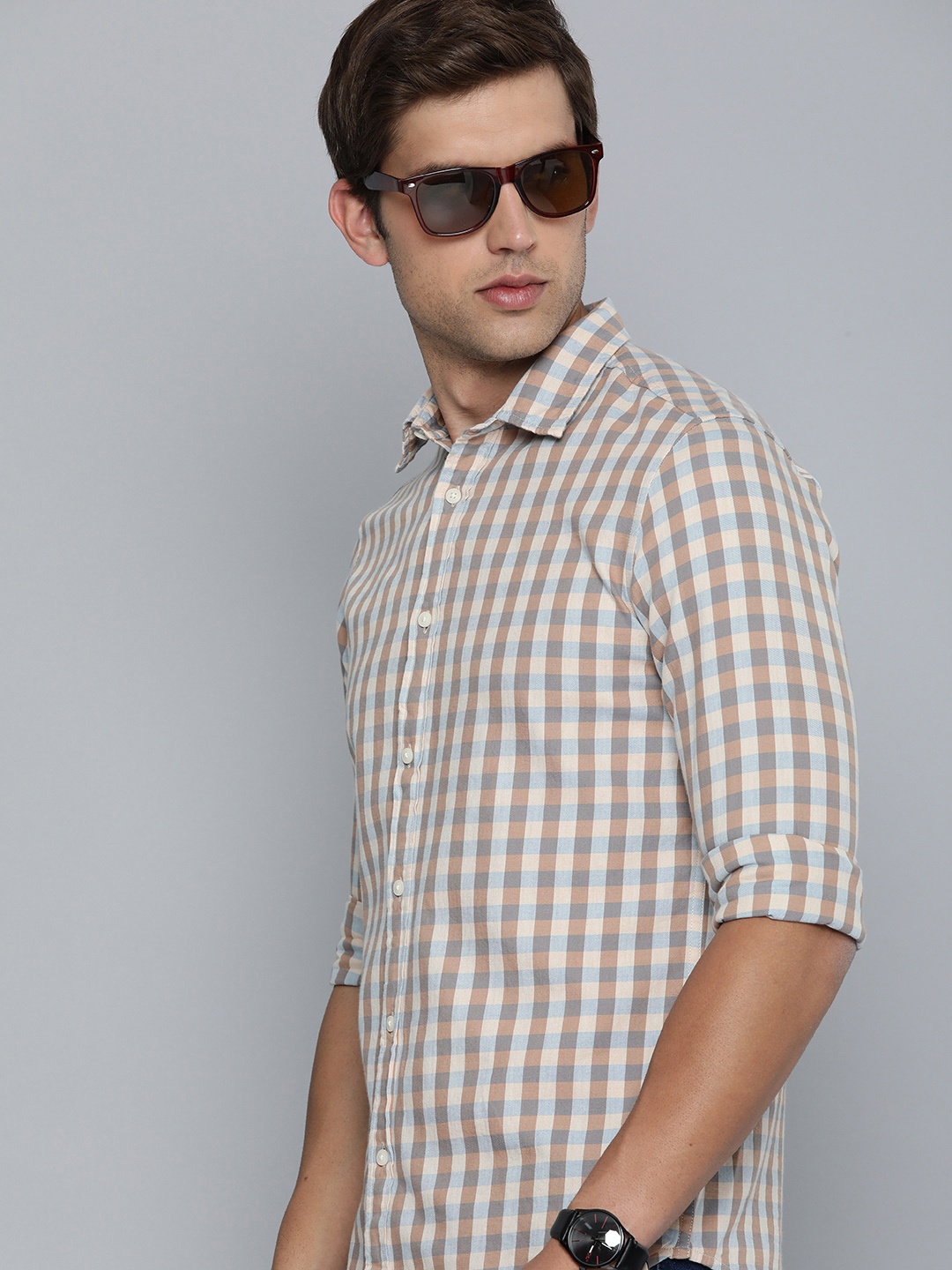 

Flying Machine Slim Fit Checked Pure Cotton Casual Shirt, Navy blue