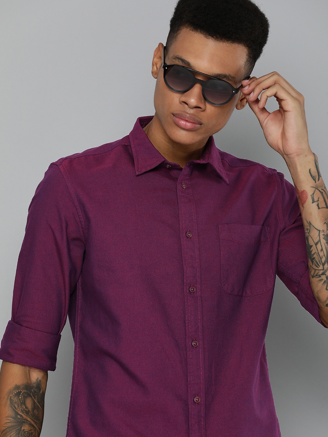 

Flying Machine Solid Slim Fit Pure Cotton Casual Shirt, Purple