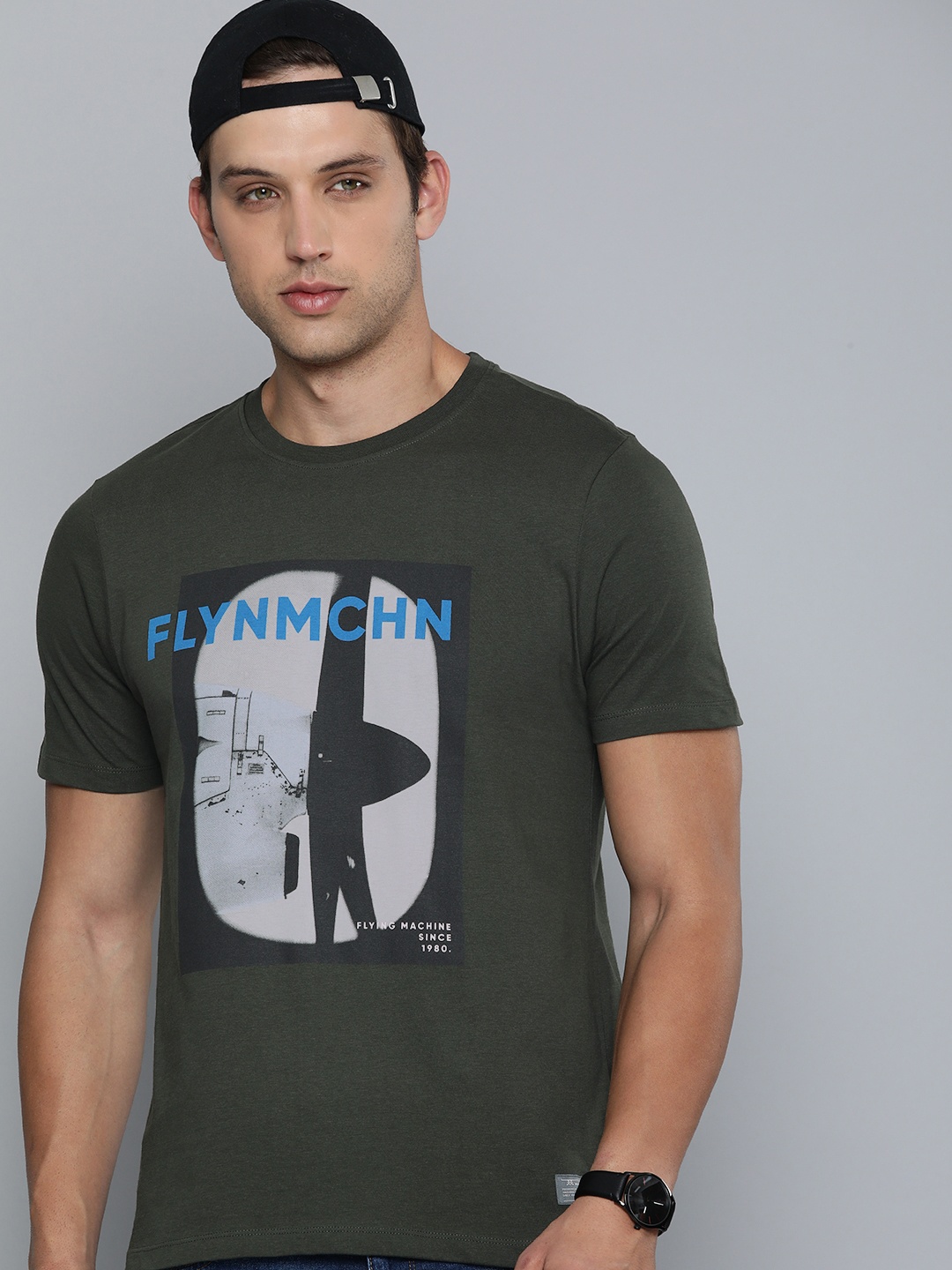 

Flying Machine Graphic Printed Pure Cotton T-shirt, Olive
